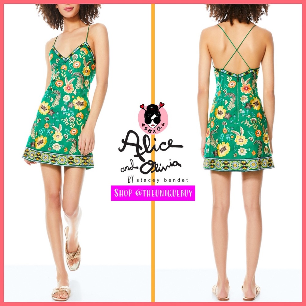 🏷 🆕 Alice + Olivia Gorgeous Floral Mini Embroidered Tayla Flare Cocktail Dress